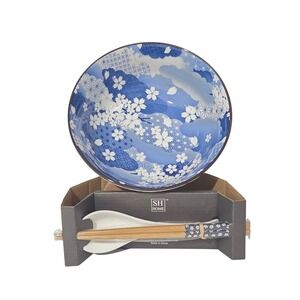SH Home Blue Sakura Clouds Ceramic Ramen Noodle Bowl Set 49oz Chopsticks & Spoon